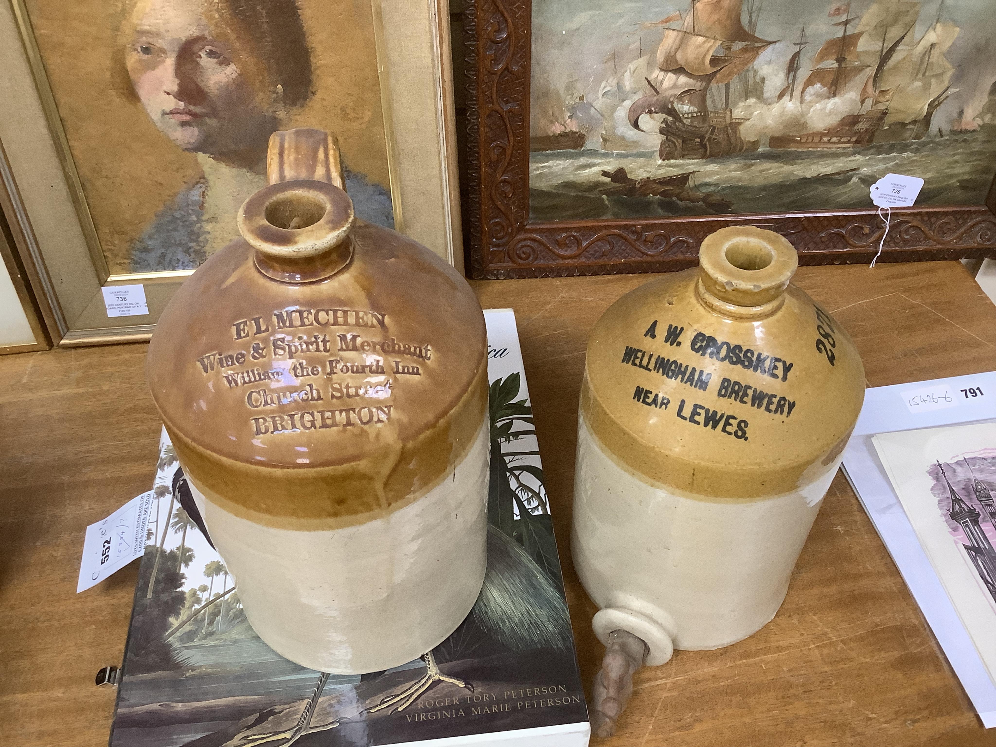 Nine various stoneware vessels including local brewers such as Lewes, Worthing, Hastings and Brighton. Condition - fair to good